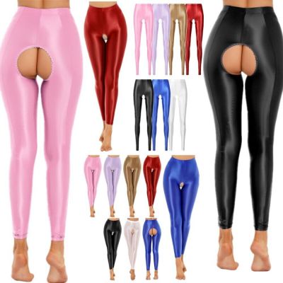 US Sexy Women Shiny Glossy Stretch Hollowing Out Skinny Long Pant Party Clubwear